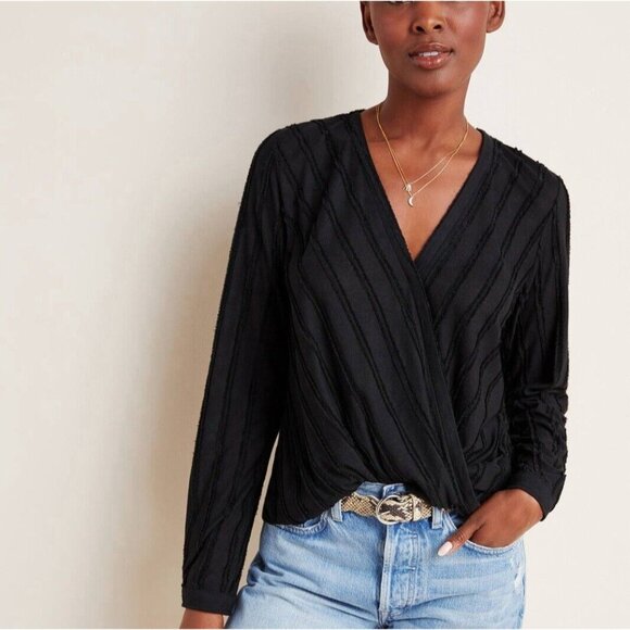 Maeve Audre Surplice V-Neck Textured Top Black Size XS Anthropologie - Picture 5 of 11